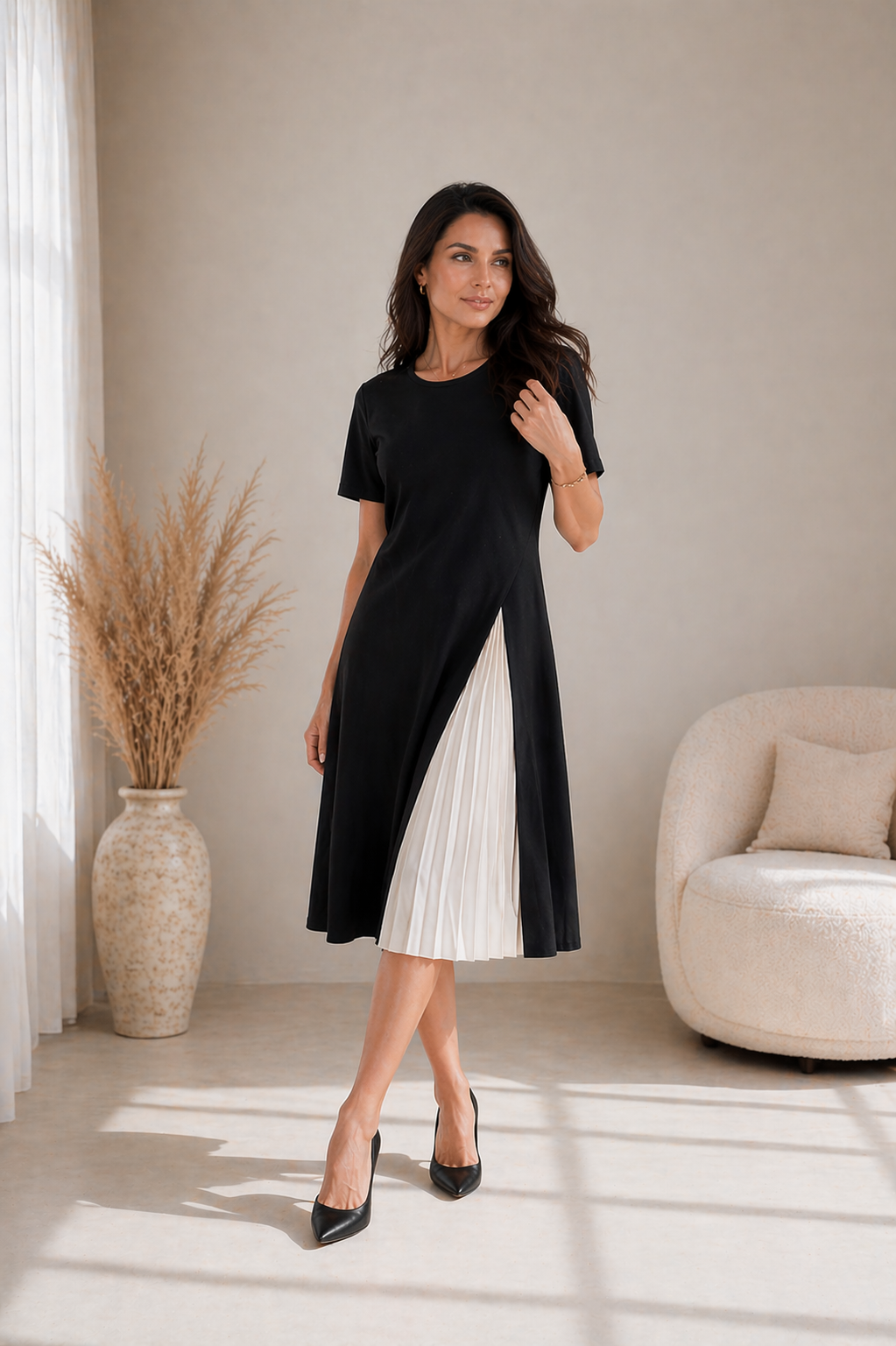 Lisbeth | Vestido midi con panel plisado