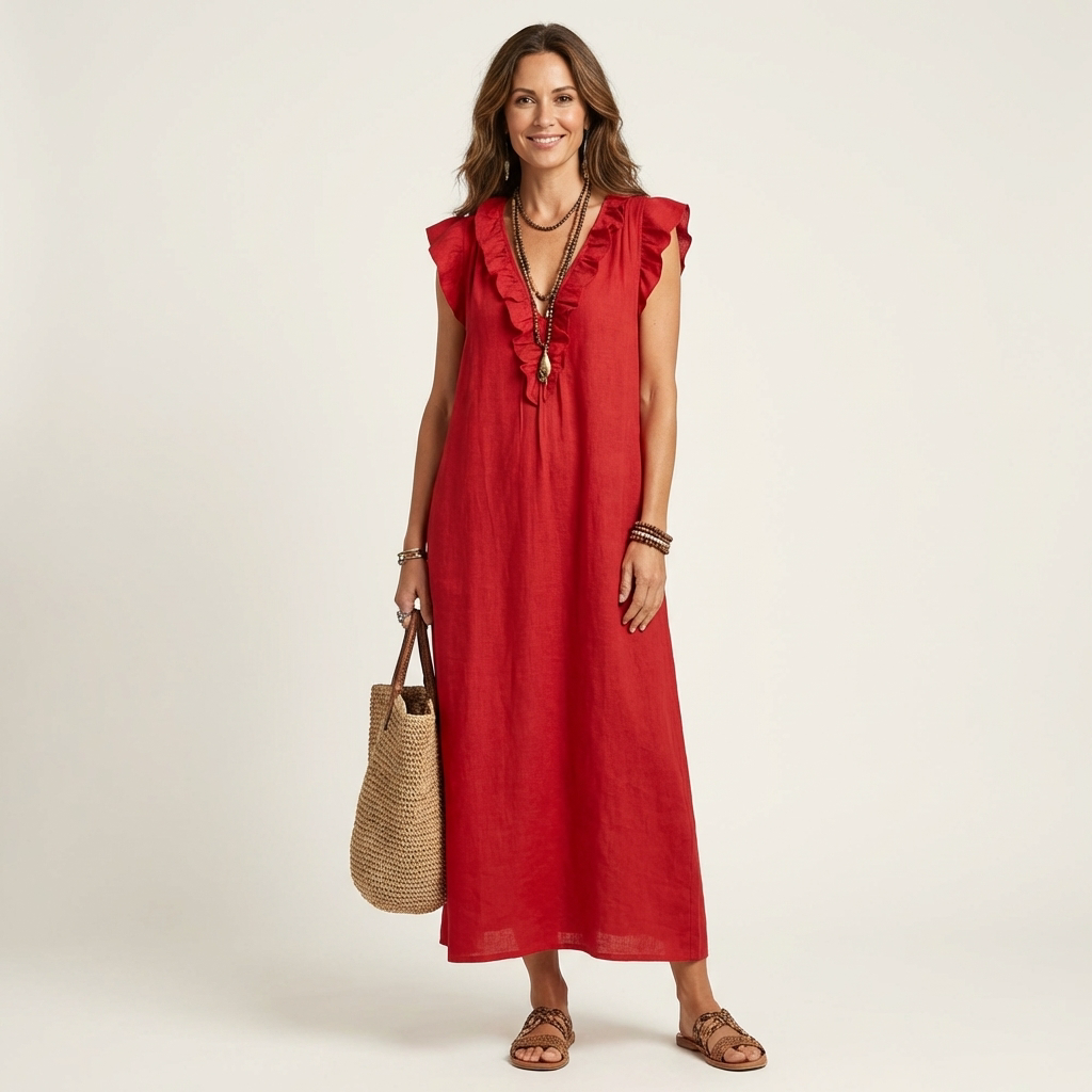 Josette | Vestido Maxi de Lino con Volantes y Cuello en V