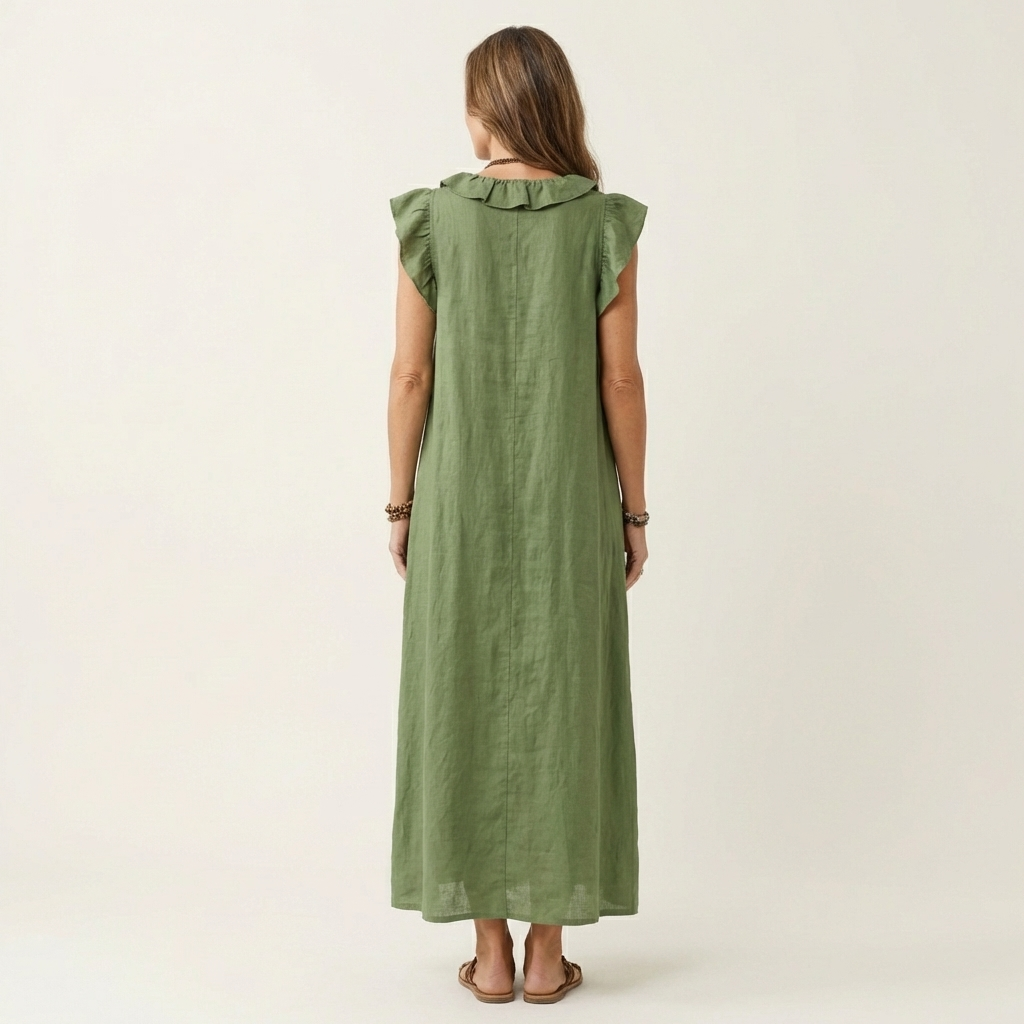 Josette | Vestido Maxi de Lino con Volantes y Cuello en V
