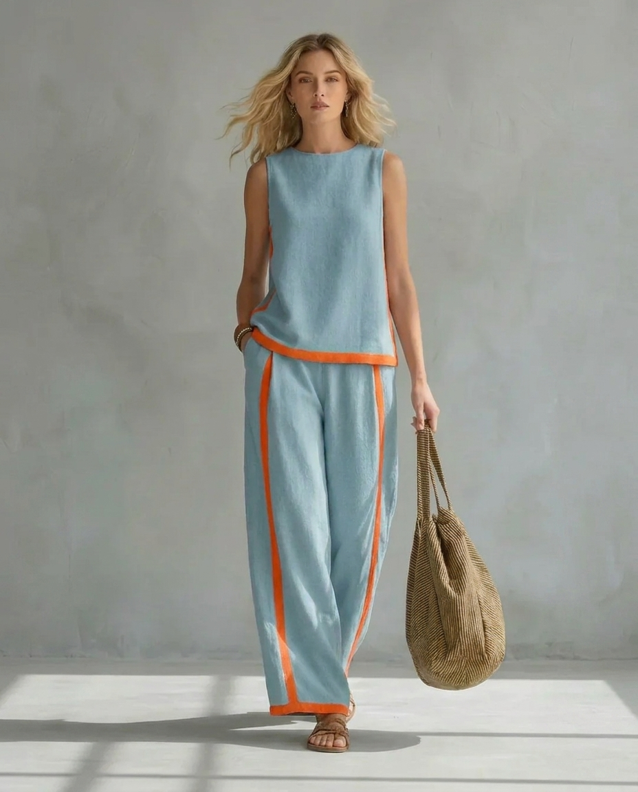 Ursula: conjunto elegante e informal de chaleco y pantalón con acabados bicolor