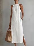 Jimena | Vestido Midi Relajado con Cuello Mao Bordado