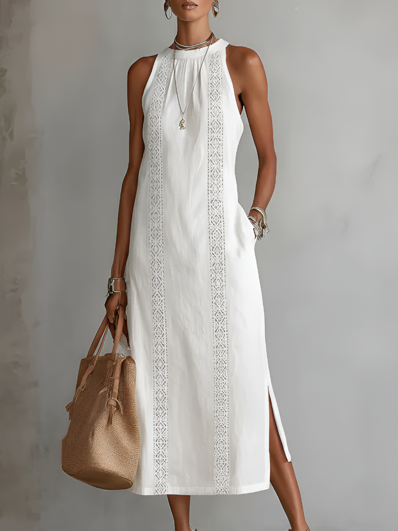 Jimena | Vestido Midi Relajado con Cuello Mao Bordado