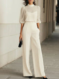 Valentina • Conjunto negro de tres piezas con top de camisola translúcida y pantalones de pierna ancha • S1