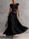 Conjunto Negro de Top con Paneles de Encaje Transparente y Falda Maxi Plisada