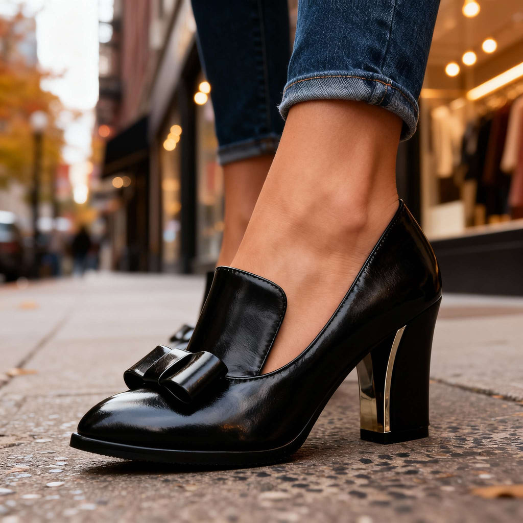 Lucette | Zapato Salón Mocasín con Lazo y Tacón Ancho