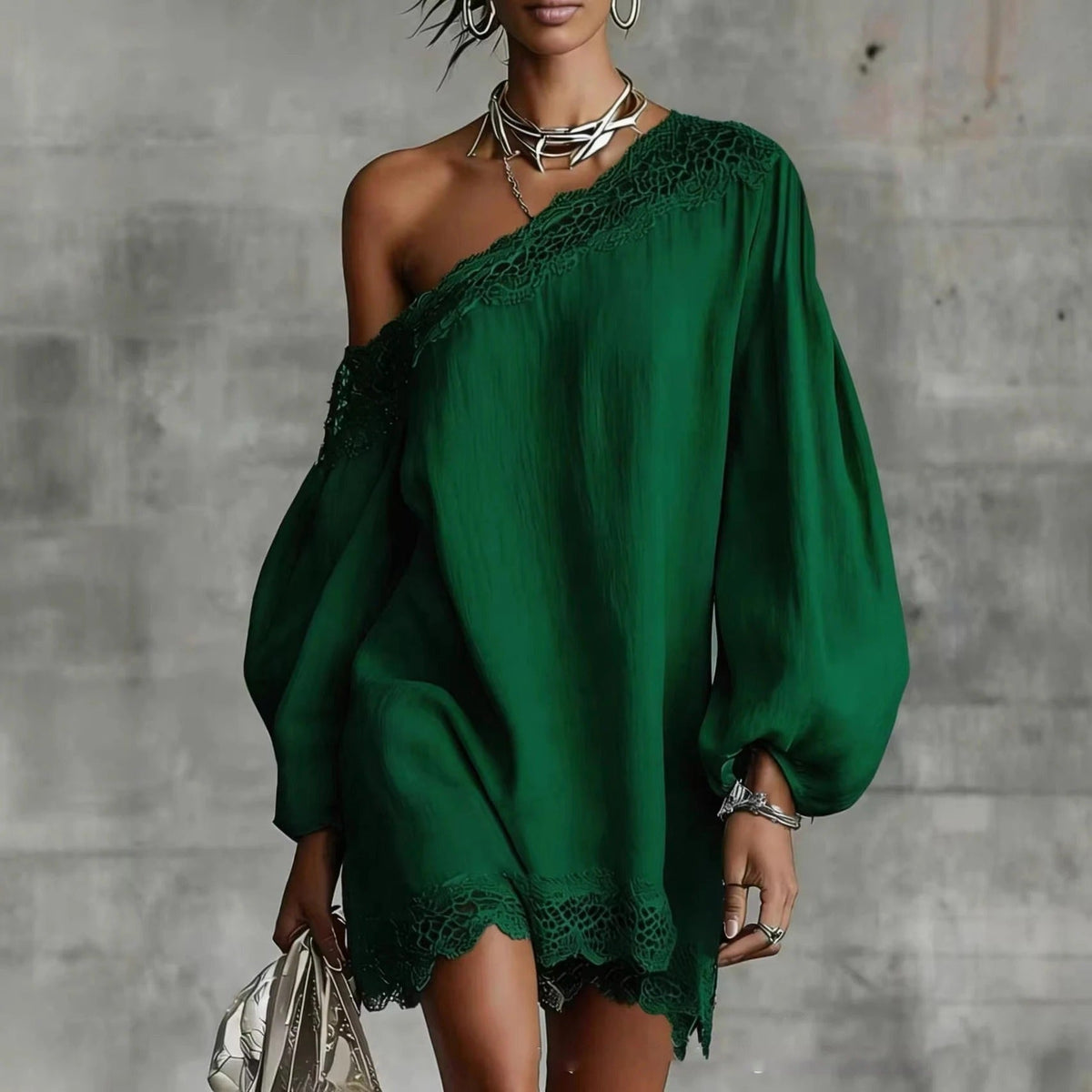 Olivia Vestido Mini de Encaje con Off-Shoulder y Mangas Abullonadas