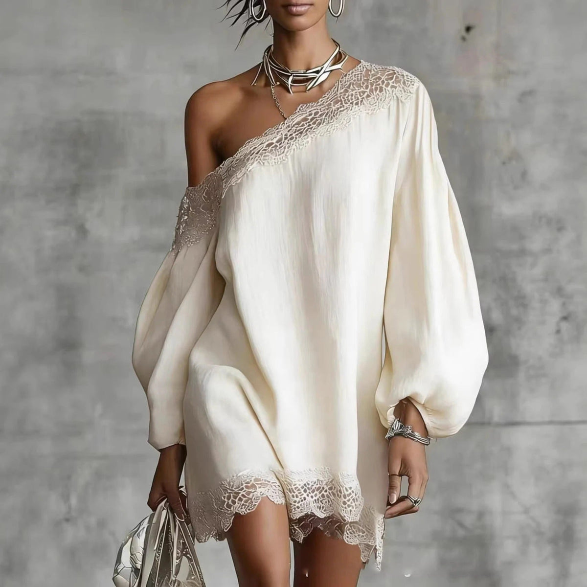 Olivia Vestido Mini de Encaje con Off-Shoulder y Mangas Abullonadas