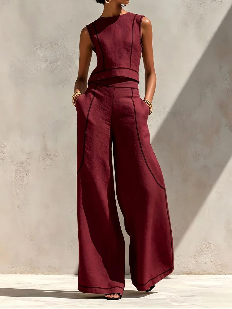 Conjunto Inés de Dos Piezas con Pantalón Palazzo y Detalles en Contraste