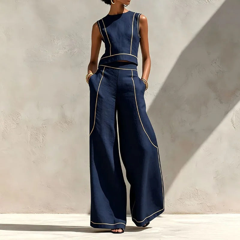 Conjunto Inés de Dos Piezas con Pantalón Palazzo y Detalles en Contraste