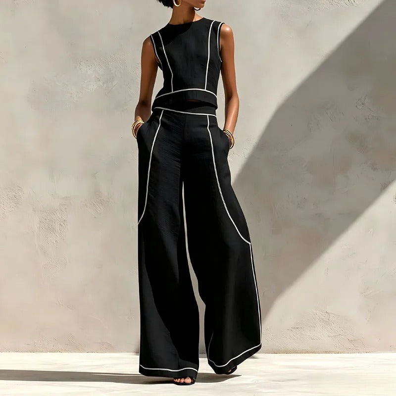Conjunto Inés de Dos Piezas con Pantalón Palazzo y Detalles en Contraste