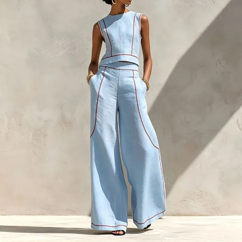 Conjunto Inés de Dos Piezas con Pantalón Palazzo y Detalles en Contraste