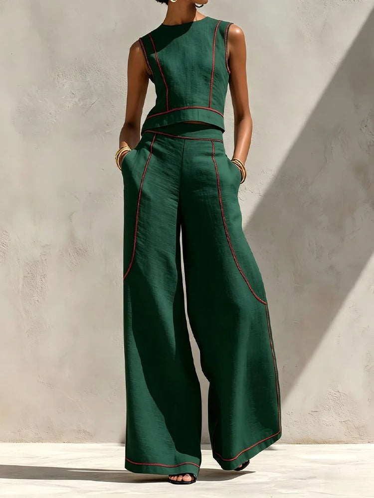 Conjunto Inés de Dos Piezas con Pantalón Palazzo y Detalles en Contraste