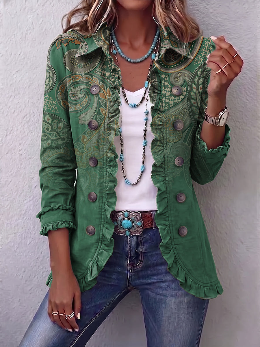 Costanza | Chaqueta Bohemia de Cachemir Verde con Volantes