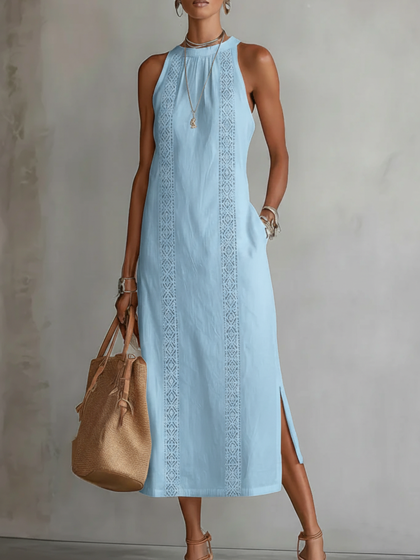 Jimena | Vestido Midi Relajado con Cuello Mao Bordado
