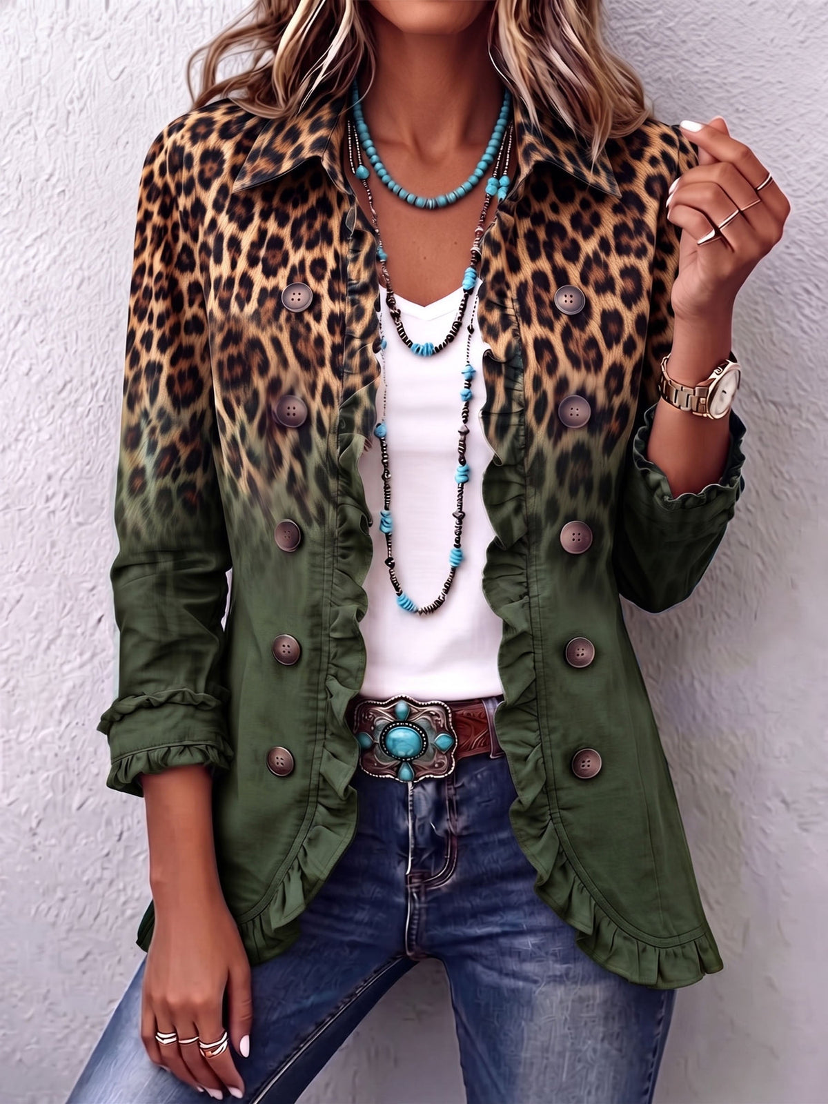 Elspeth™ | Chaqueta Blazer con Volantes y Degradado de Leopardo