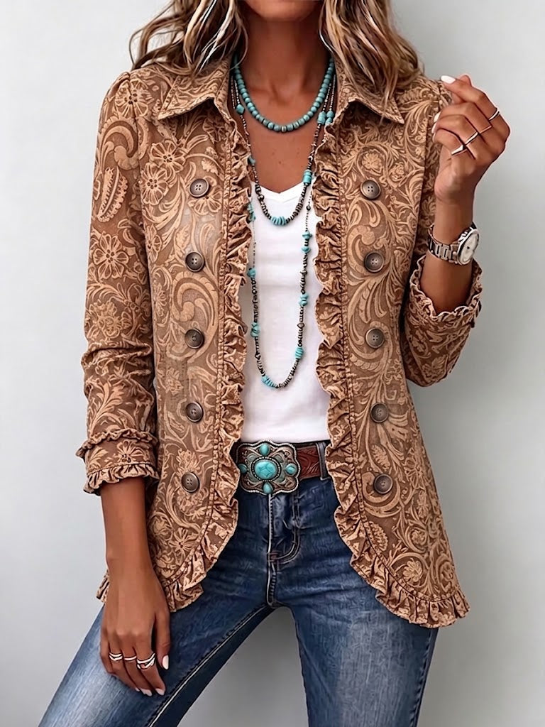 Vyclara | Chaqueta Bohemia de Volantes con Estampado Floral Vintage