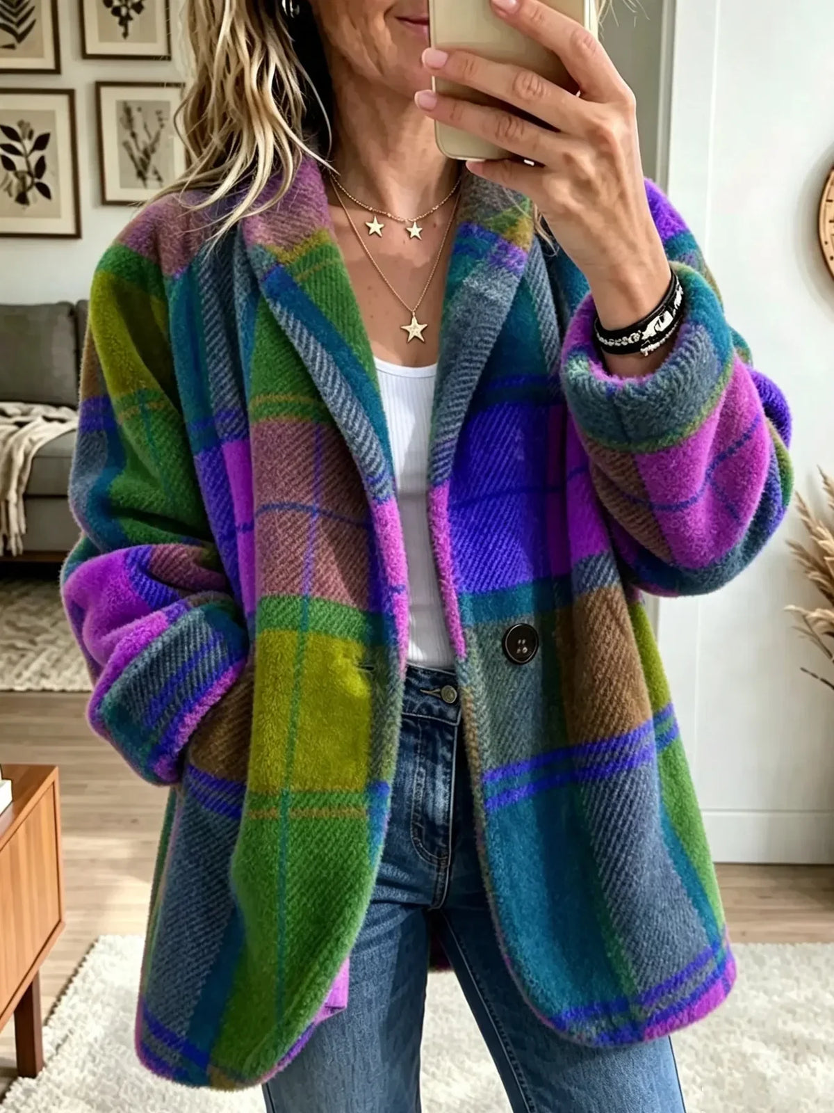 Joanne | Abrigo de cuadros multicolor y acogedor