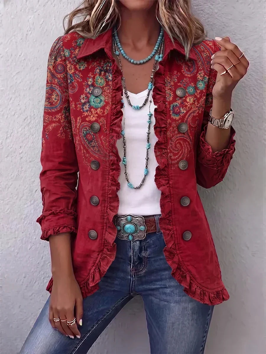 Carlotta | Chaqueta Bohemia de Cachemir Roja con Volantes