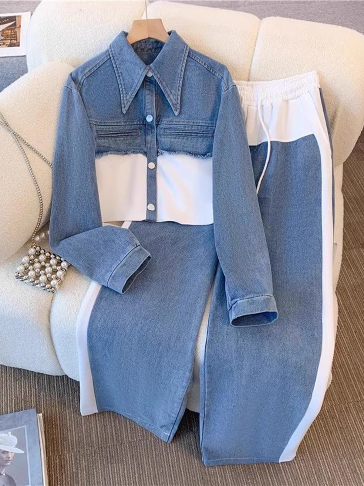 Holbrook | Conjunto de Chaqueta Corta Color Block y Pantalón de Pierna Ancha