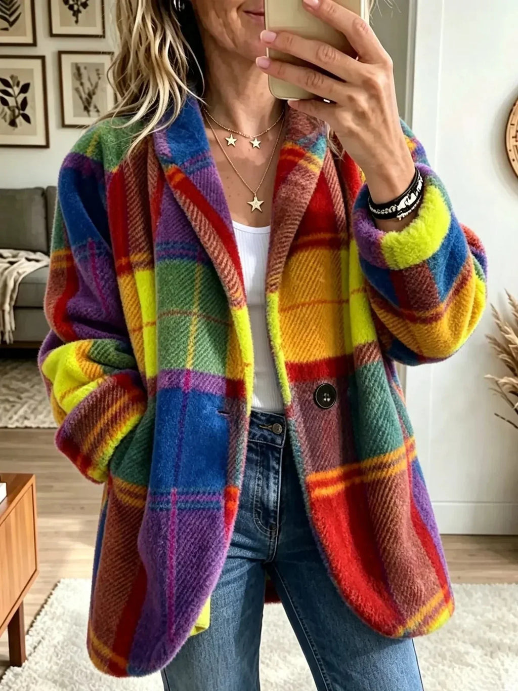 Joanne | Abrigo de cuadros multicolor y acogedor