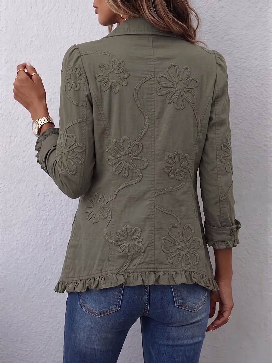 Alessandra | Chaqueta Bohemia Chic Bordada de Flores Verde Retro con Volantes