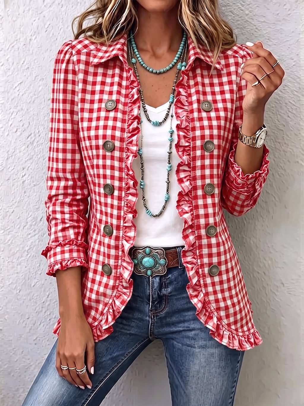 Charlene™ | Chaqueta de Cuadros Vichy con Volantes y Botones