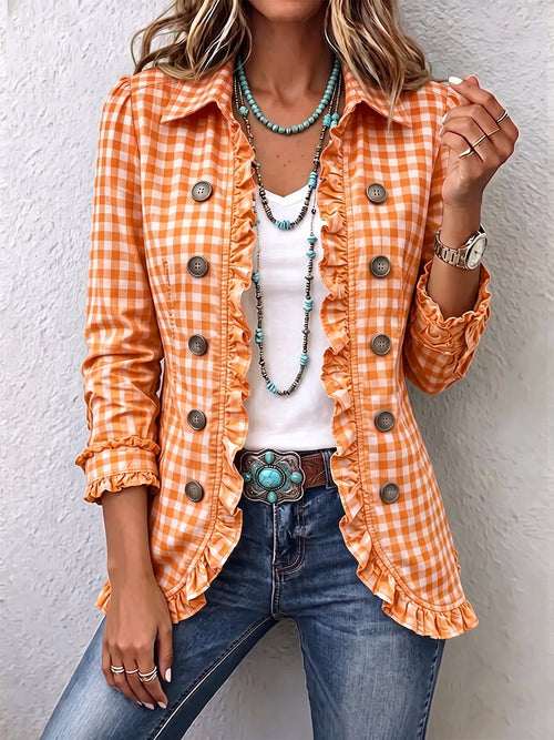 Charlene™ | Chaqueta Abotonada de Cuadros Vichy con Volantes