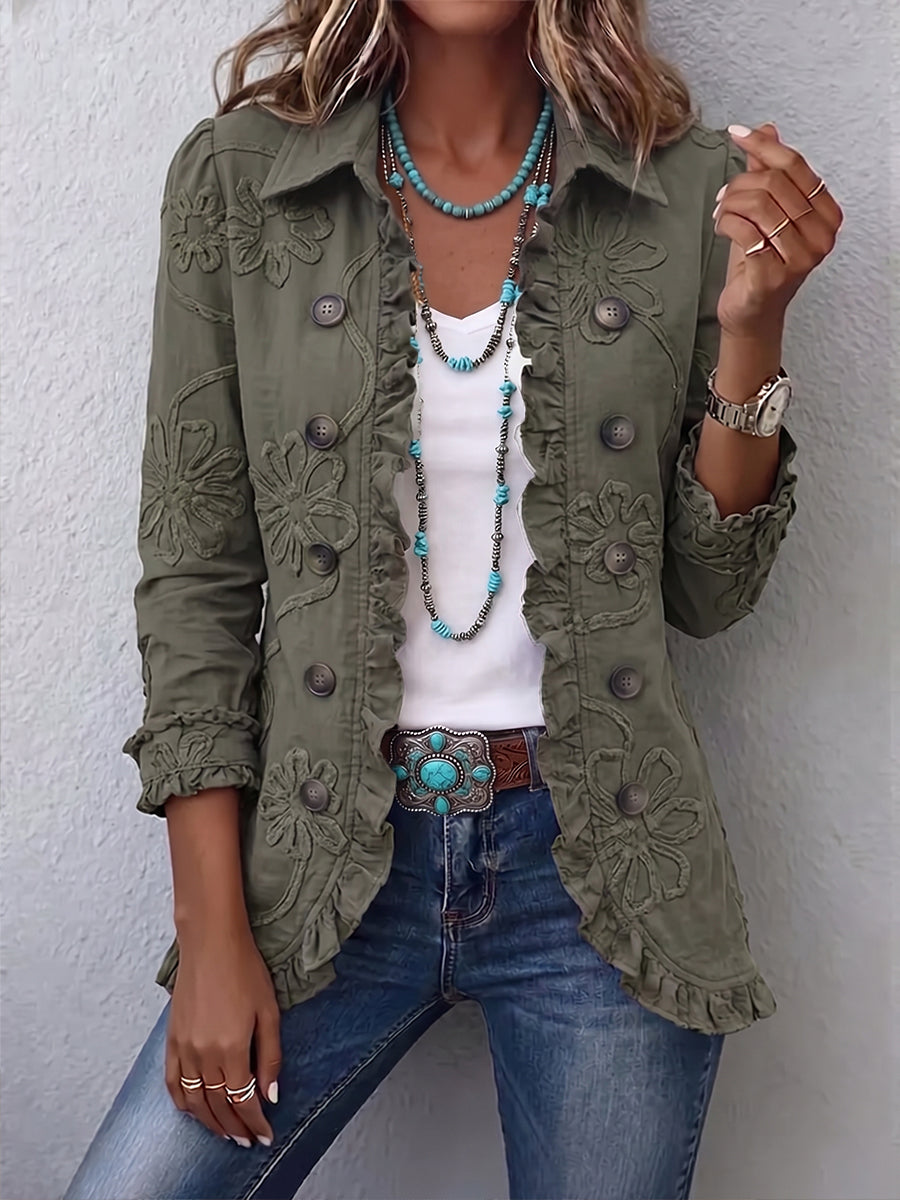 Alessandra | Chaqueta Bohemia Chic Bordada de Flores Verde Retro con Volantes