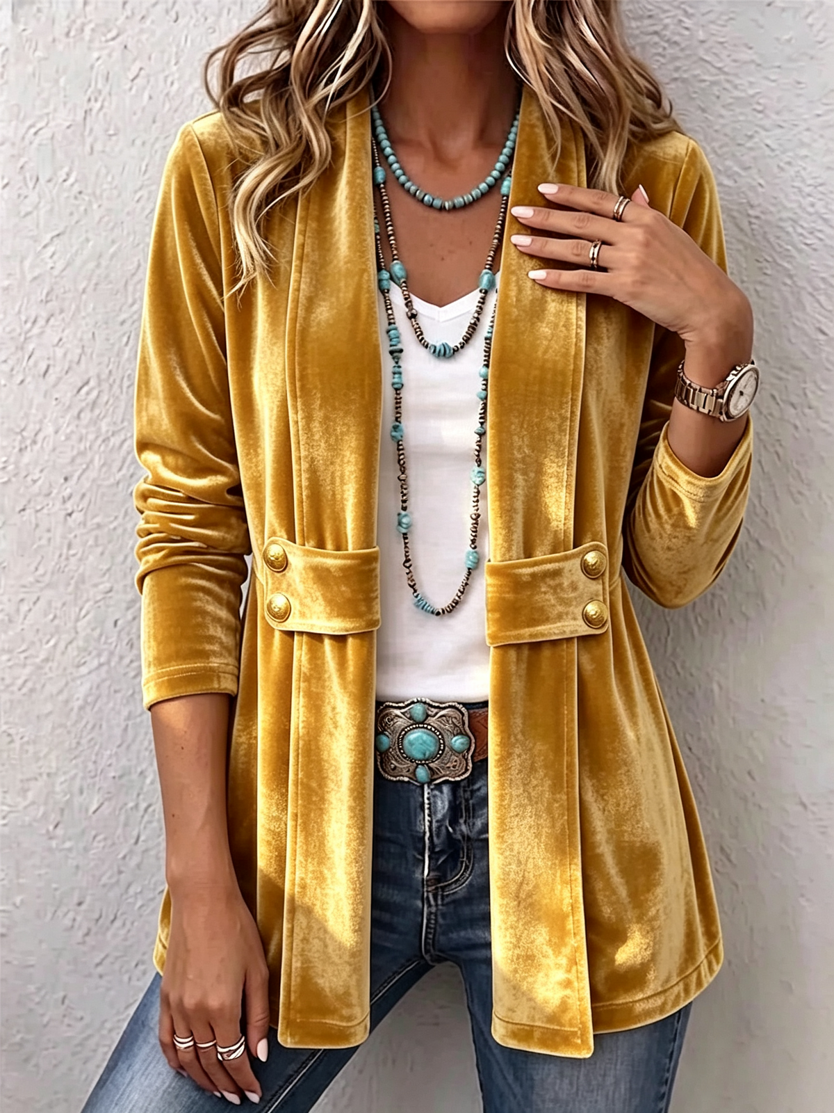 Holliwell | Chaqueta Abierta de Manga Larga con Solapa Vintage y Botones Decorativos