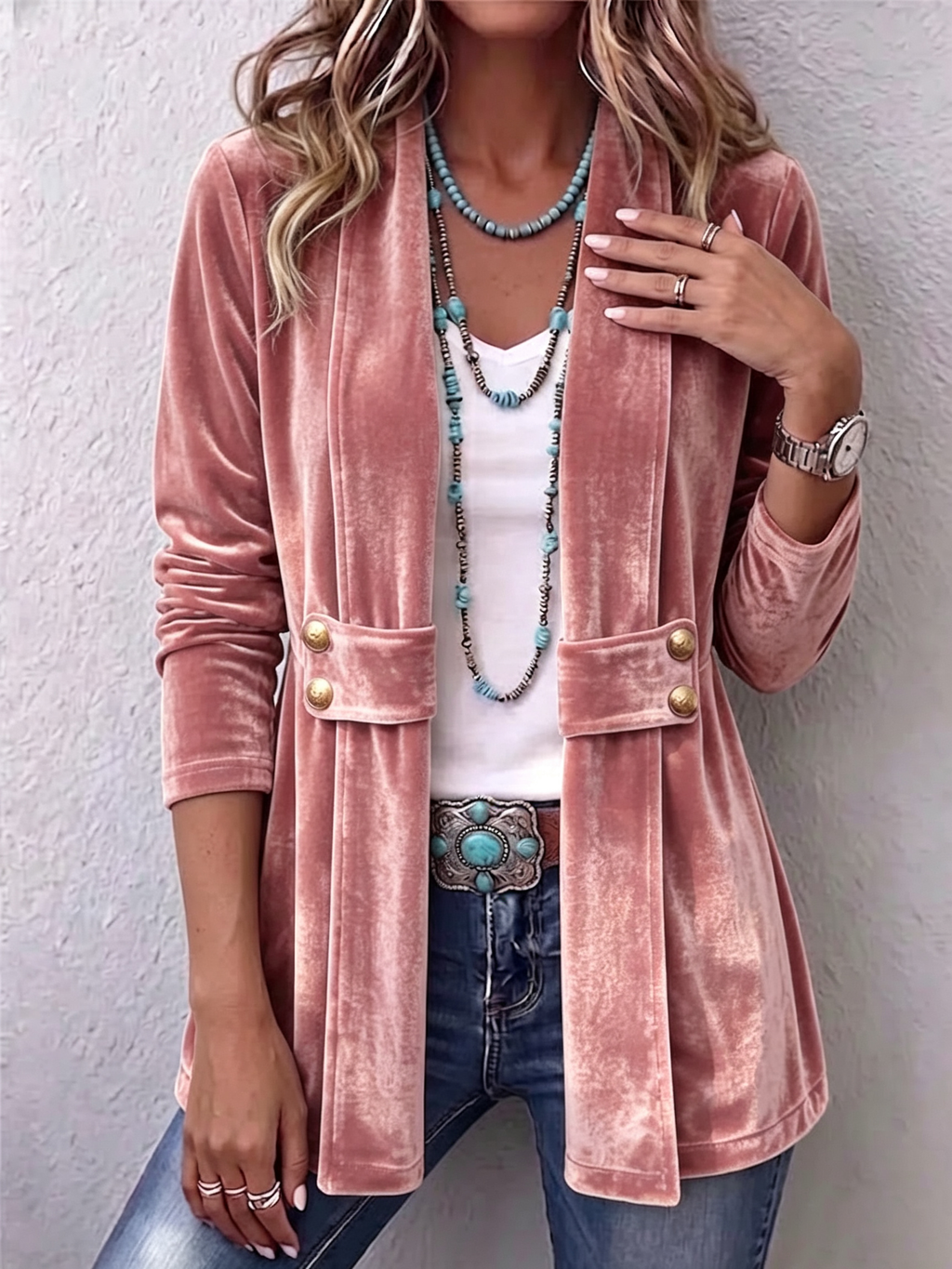 Holliwell™ | Chaqueta Vintage de Frente Abierto con Manga Larga y Botones de Acento en la Solapa