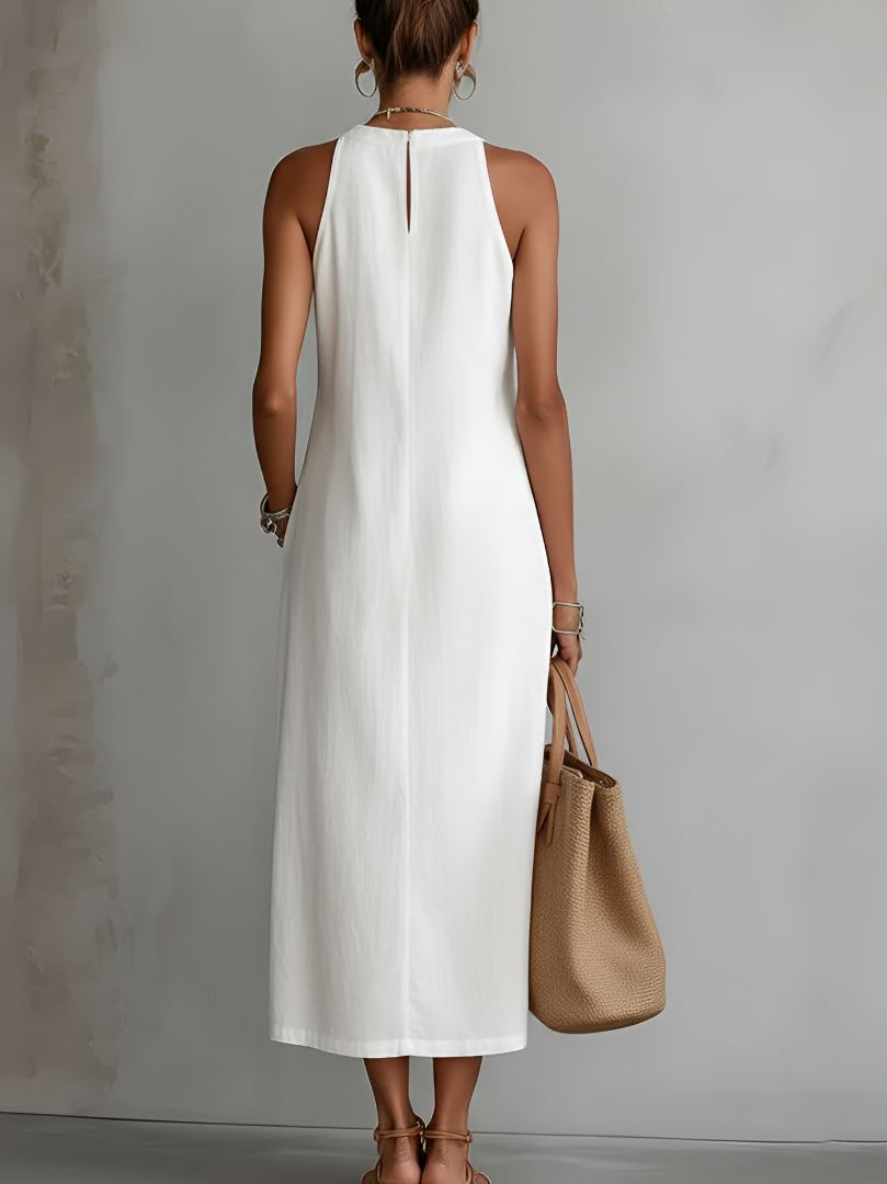Jimena | Vestido Midi Relajado con Cuello Mao Bordado