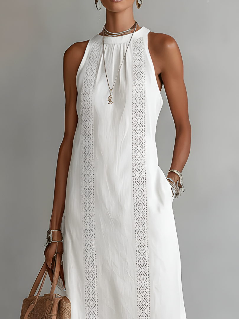 Jimena | Vestido Midi Relajado con Cuello Mao Bordado