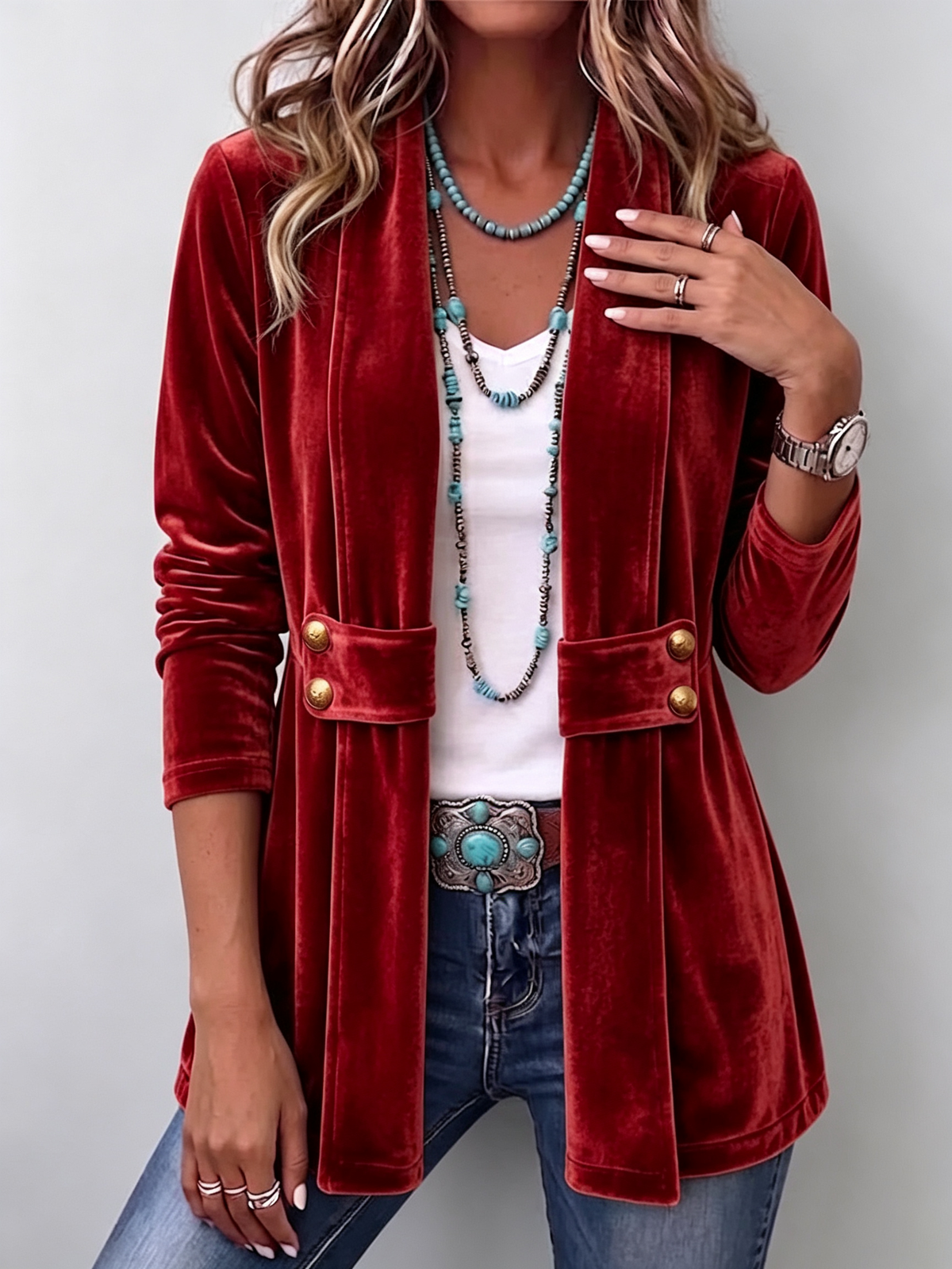 Holliwell™ | Chaqueta Vintage de Frente Abierto con Manga Larga y Botones de Acento en la Solapa