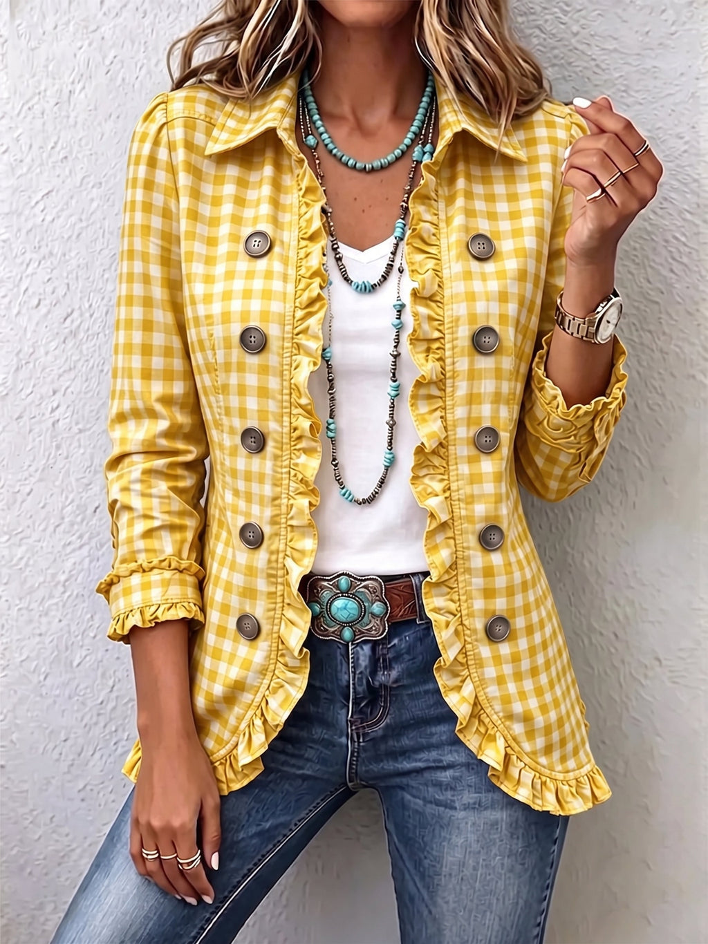 Charlene™ | Chaqueta de Cuadros Vichy con Volantes y Botones