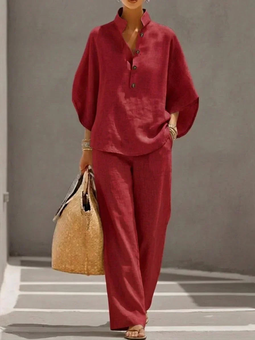 Sophie | Conjunto de lino con mangas murciélago y pantalón ancho