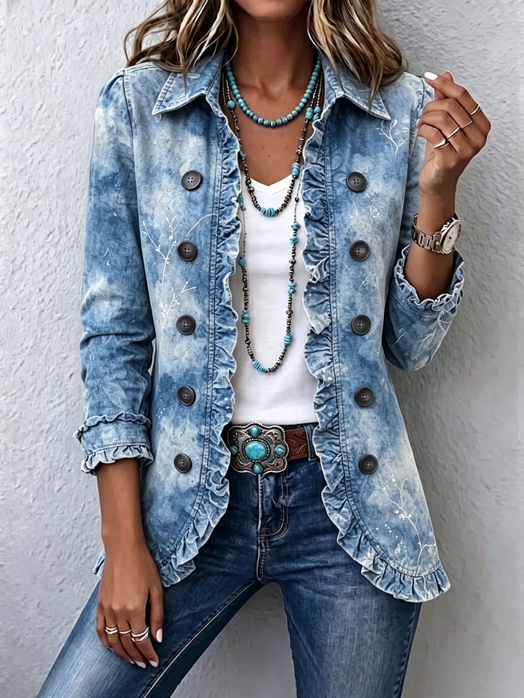 Jemison™ | Chaqueta con Detalle de Volantes y Estampado Botánico Vintage Degradado de Estilo Boho
