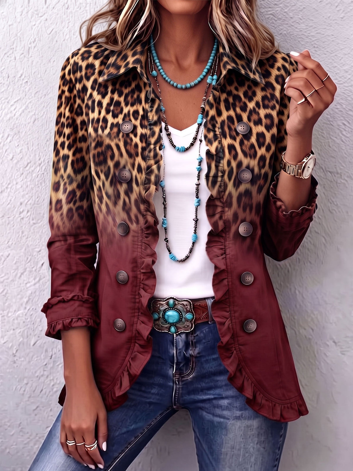 Elspeth™ | Blazer con Volantes y Estampado Degradado de Leopardo