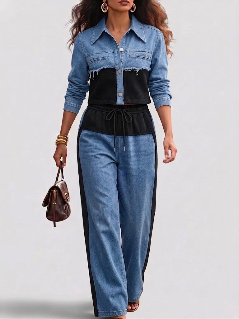 Holbrook | Conjunto de Chaqueta Corta Color Block y Pantalón de Pierna Ancha