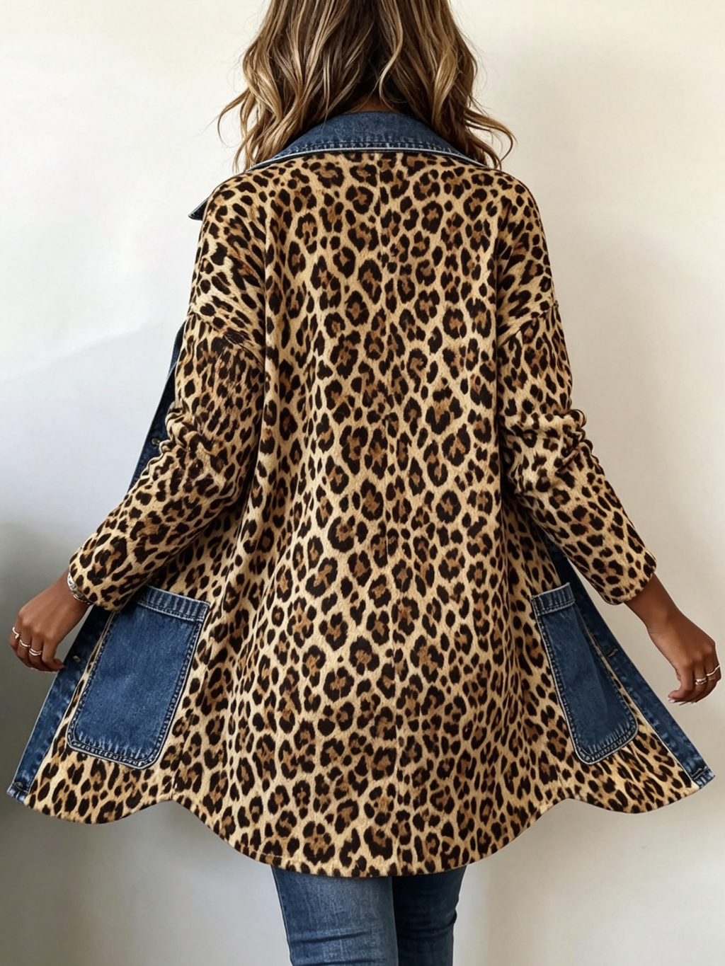 Fablenne™ | Chaqueta Larga con Estampado de Leopardo y Paneles de Denim en Contraste