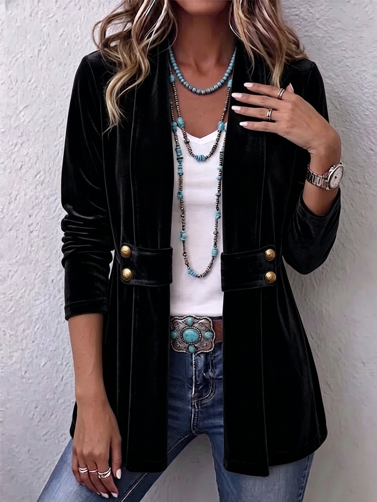 Holliwell™ | Chaqueta Vintage de Frente Abierto con Manga Larga y Botones de Acento en la Solapa