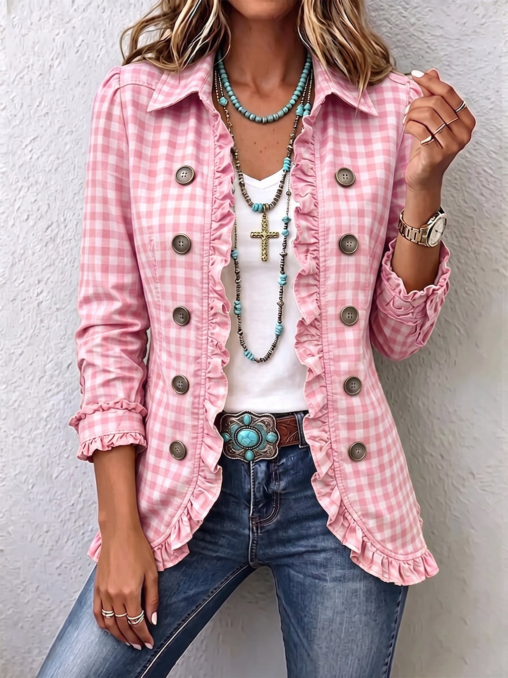 Charlene™ | Chaqueta Abotonada de Cuadros Vichy con Volantes