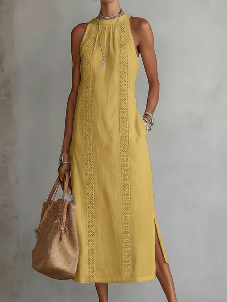 Jimena | Vestido Midi Relajado con Cuello Mao Bordado