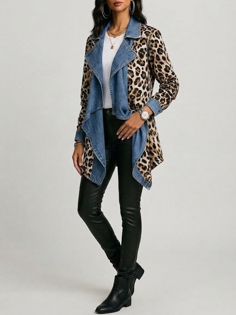 Sherilyn™ | Chaqueta de Largo Medio con Estampado de Leopardo y Paneles de Denim Lavado