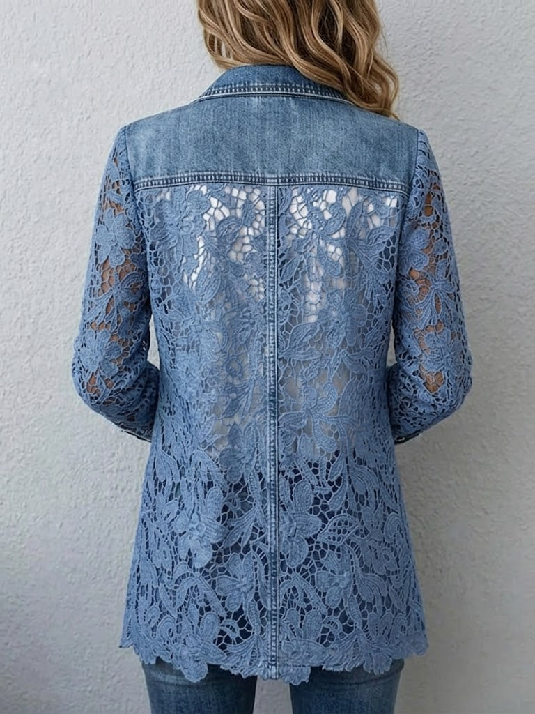 Lacinda™ | Blazer con Paneles de Encaje Floral — Azul Vaquero