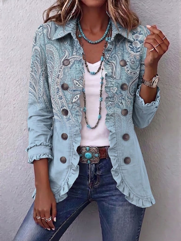 Emilia | Chaqueta de Cachemir Vintage Azul Cielo con Volantes