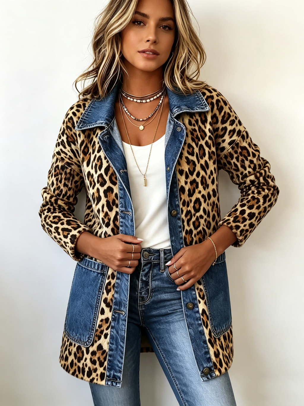 Fablenne | Chaqueta Larga con Estampado de Leopardo y Paneles de Denim Contraste