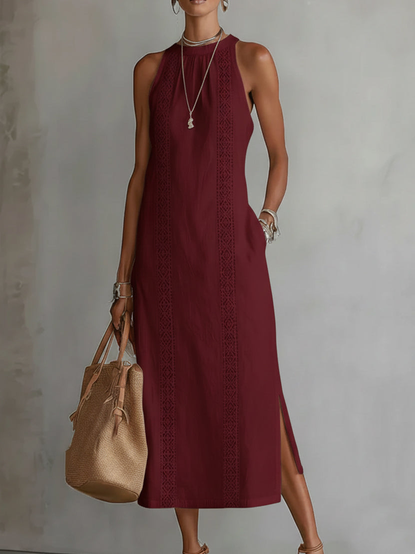 Jimena | Vestido Midi Relajado con Cuello Mao Bordado