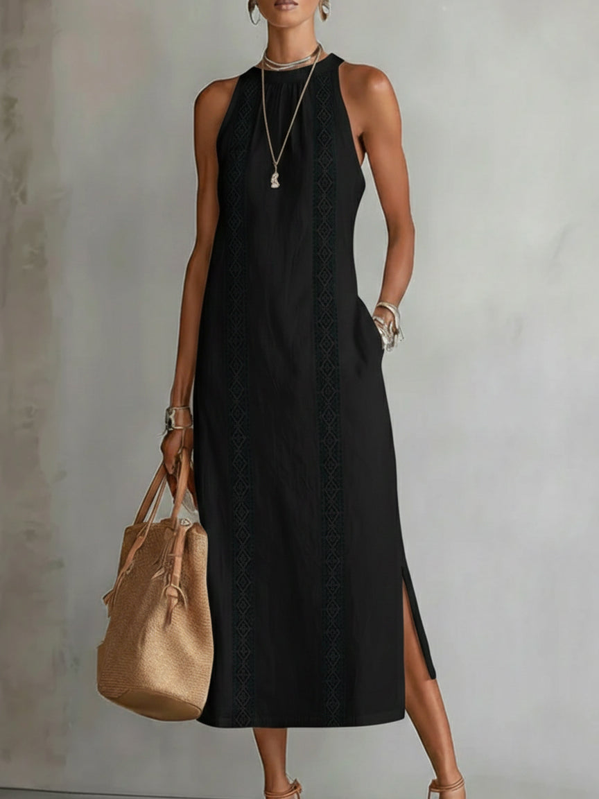 Jimena | Vestido Midi Relajado con Cuello Mao Bordado