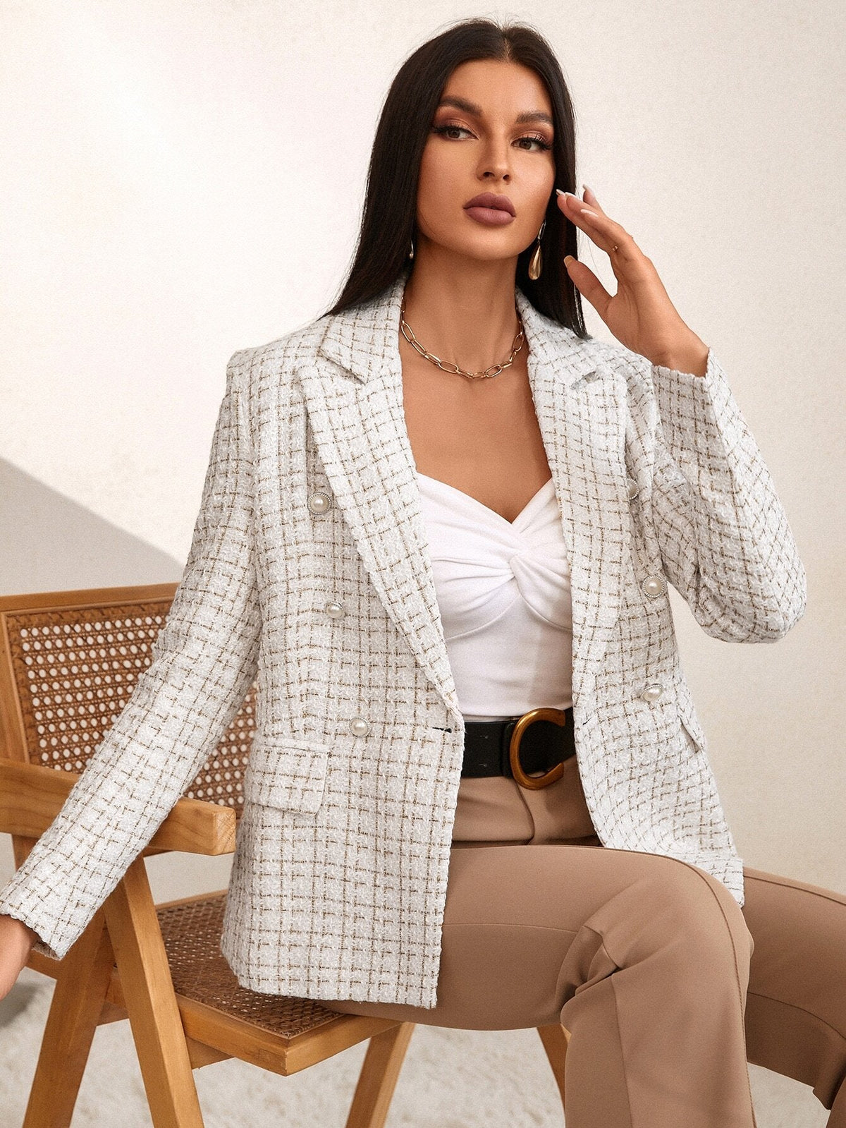 Zia | Blazer cruzado de tweed a cuadros