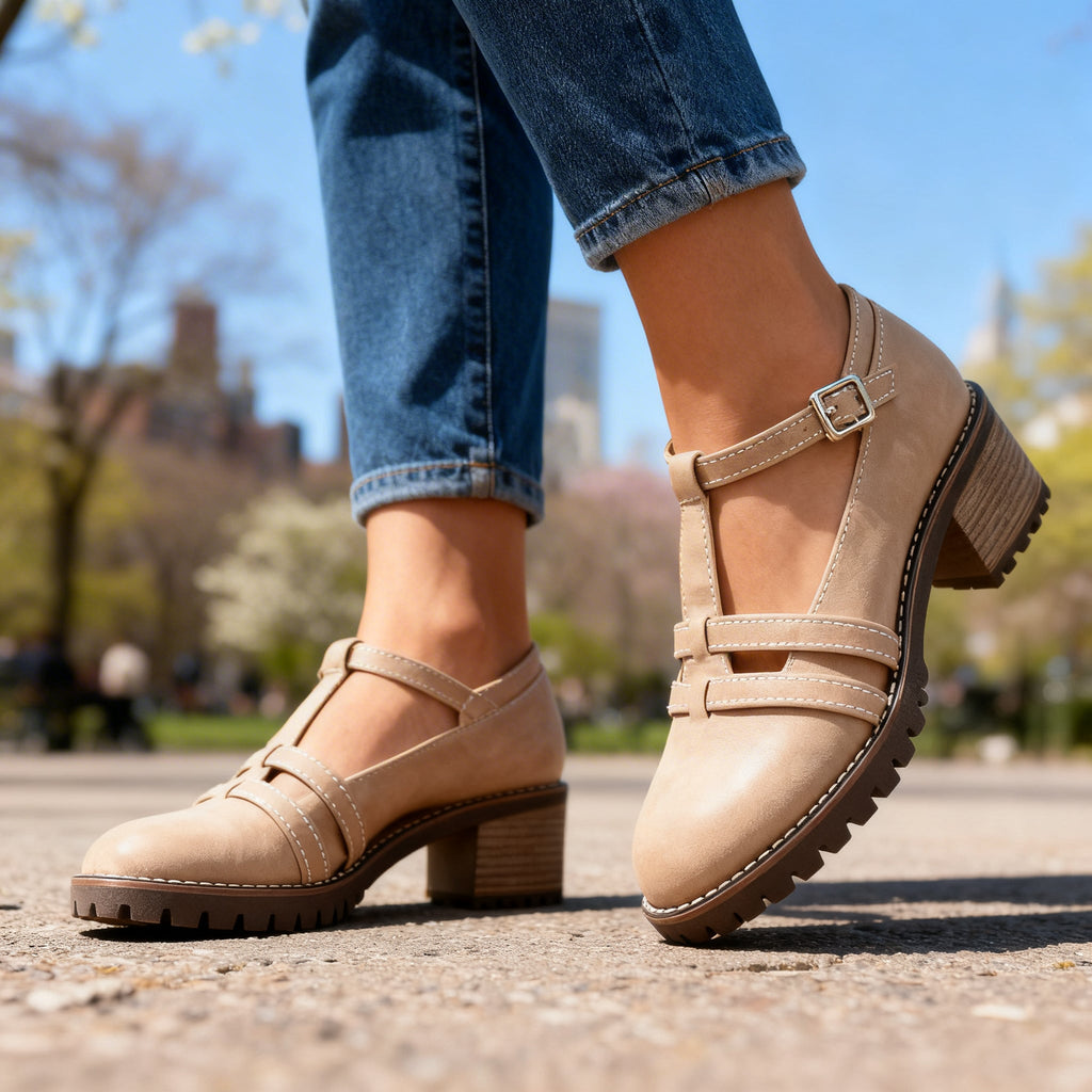 Romilly | Mocasín de Mujer con Tira en T y Tacón Ancho